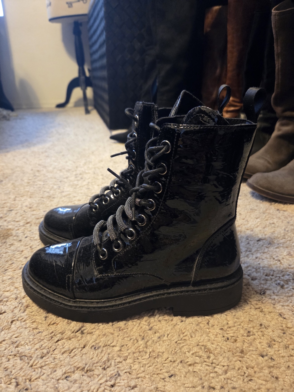 DKNY Black Patent Lace-Up Combat Boots
